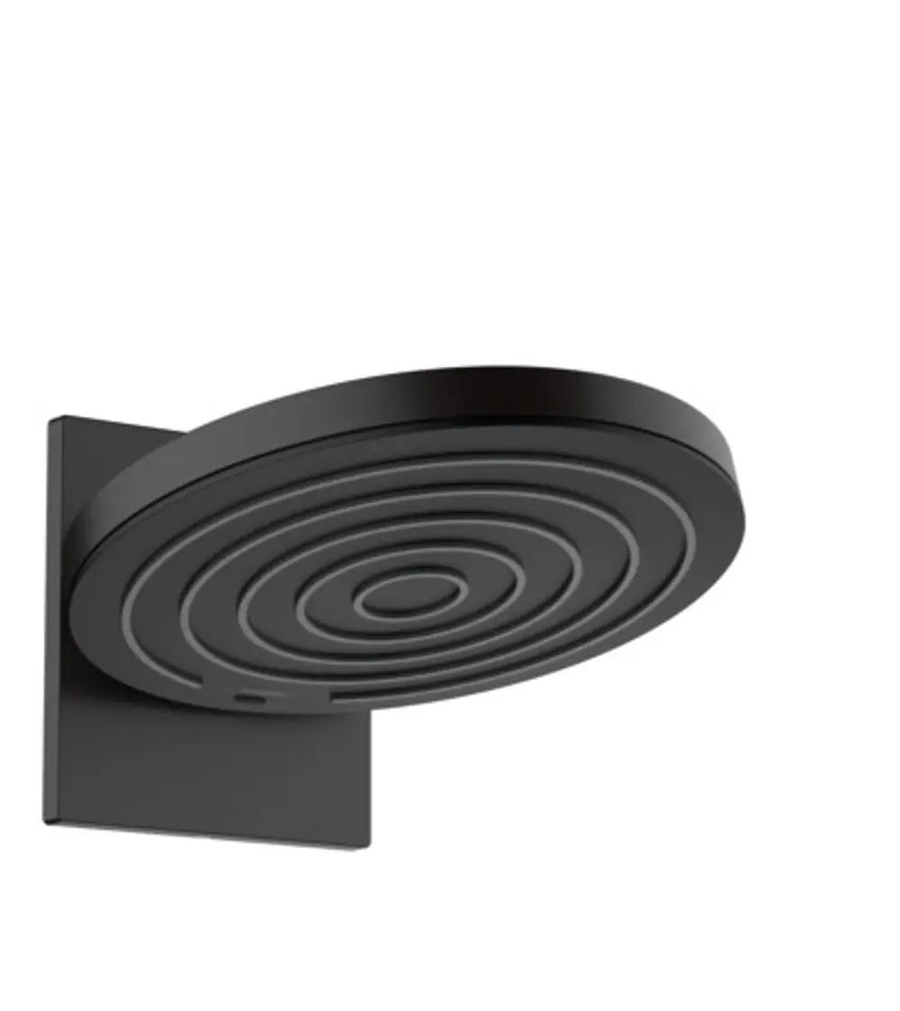 Wandmontierte Kopfbrause von Hansgrohe in mattschwarz mit spiralförmigem Design und einem integrierten Wandanschluss.